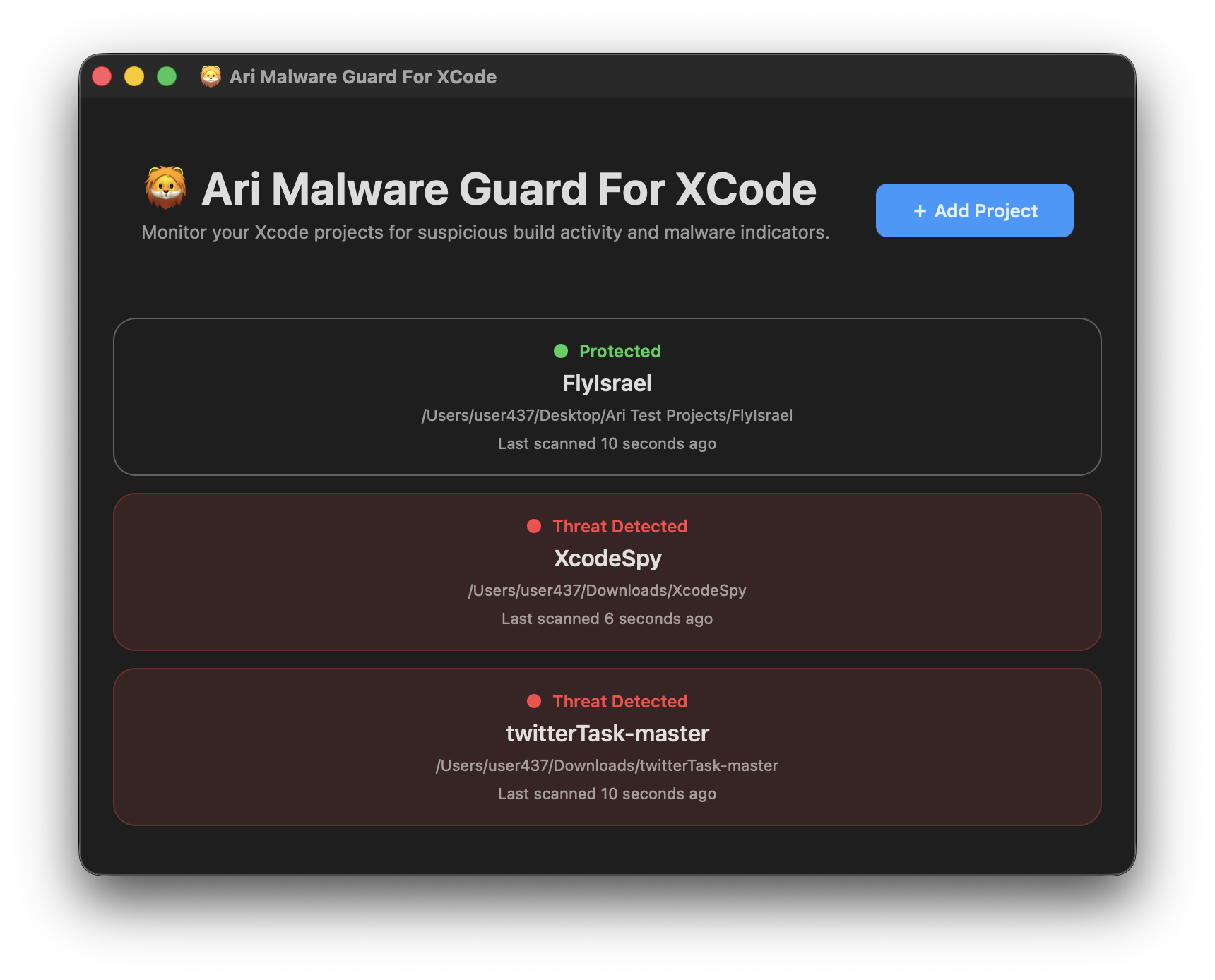 Ari Malware Guard for Xcode scanning a project for malicious build scripts and supply chain vulnerabilities
